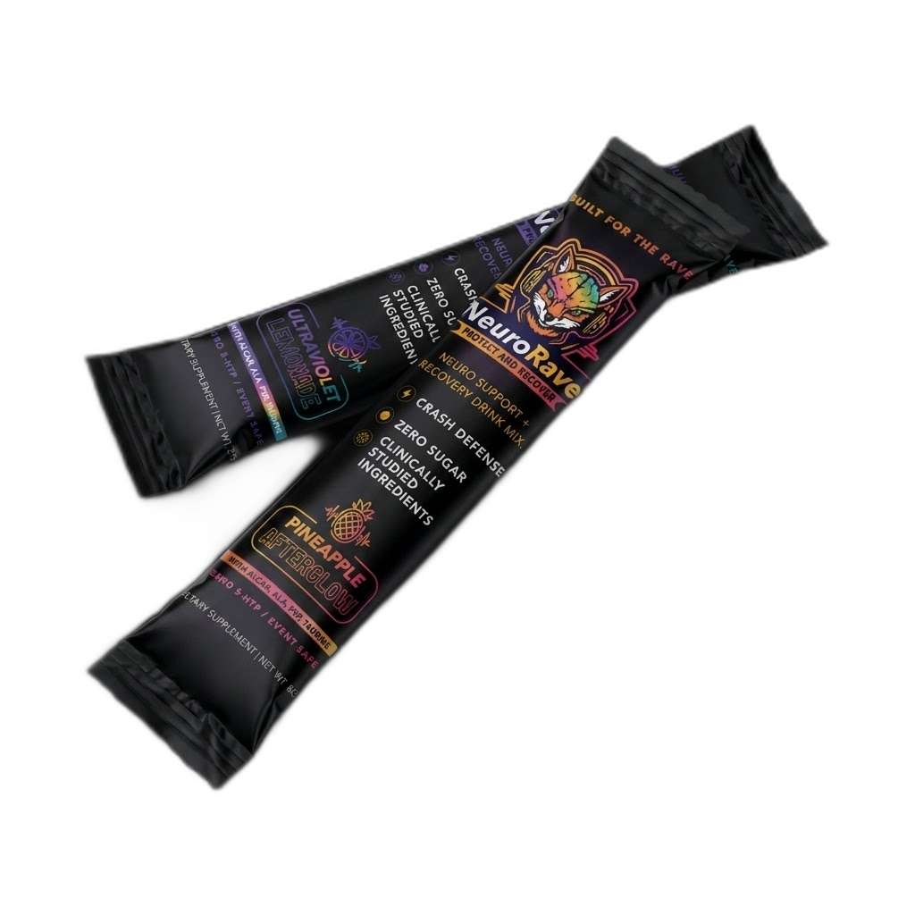 NeuroRave single-serve sachets — Ultraviolet Lemonade and Pineapple Afterglow